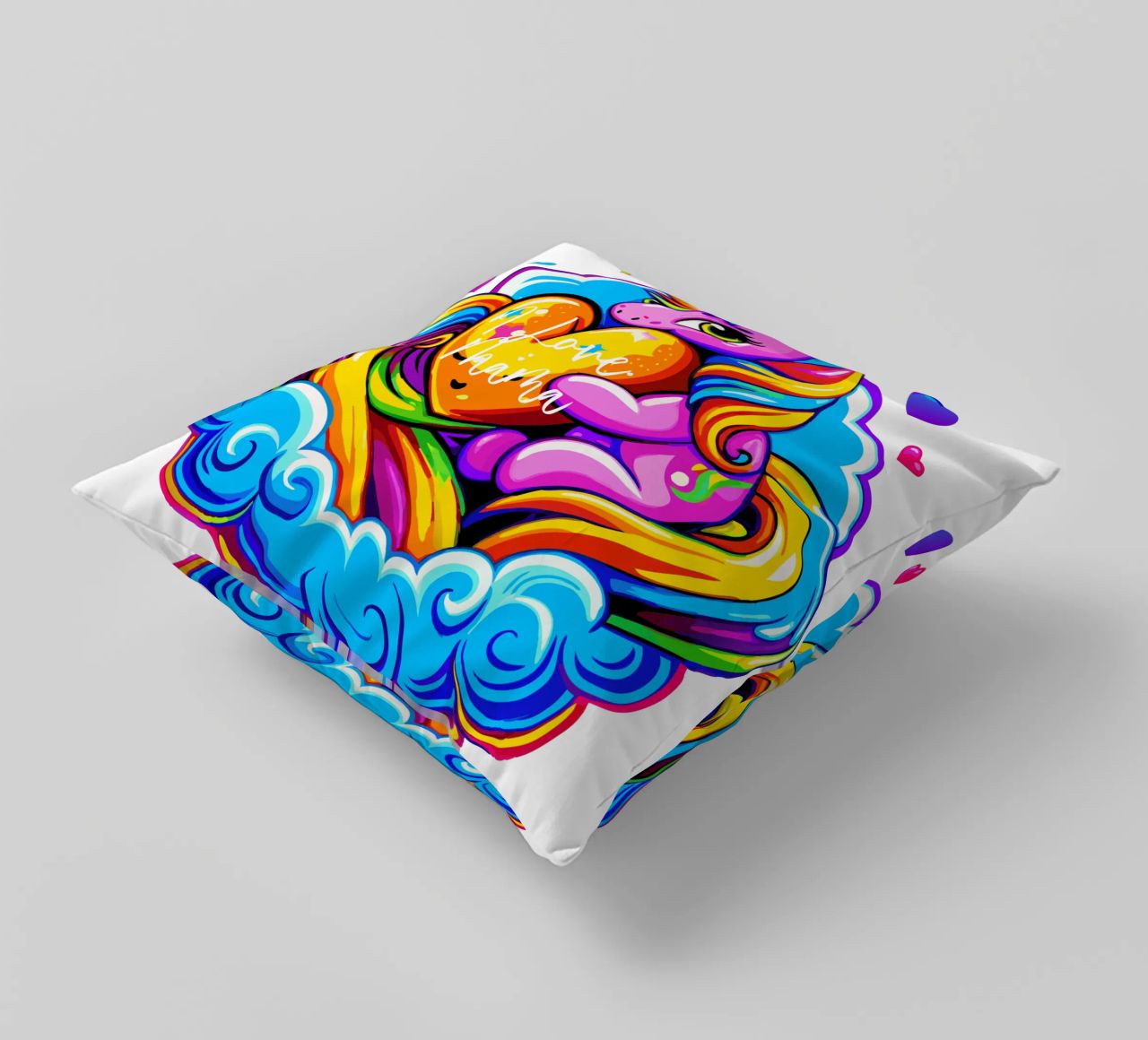 Cute Unicorn Hugging a Heart Pillow on a Cloud - Custom Text cuscino da Artnesia