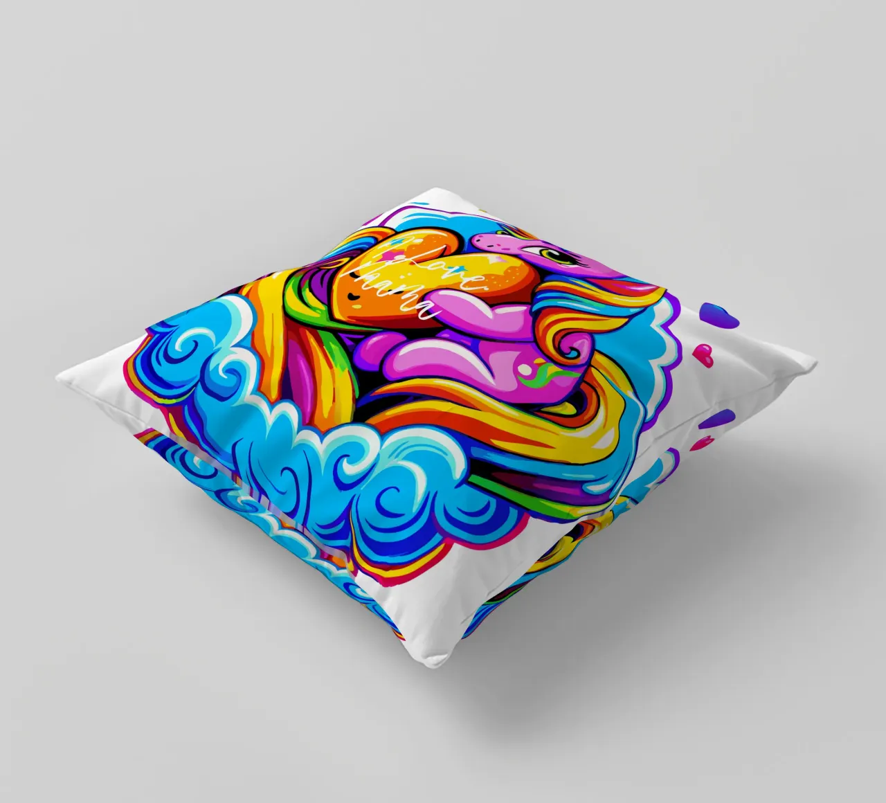 Cute Unicorn Hugging a Heart Pillow on a Cloud - Custom Text decorative cushion by Artnesia