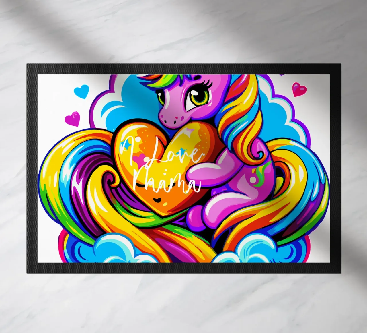Cute Unicorn Hugging a Heart Pillow on a Cloud - Custom Text zerbino da Artnesia