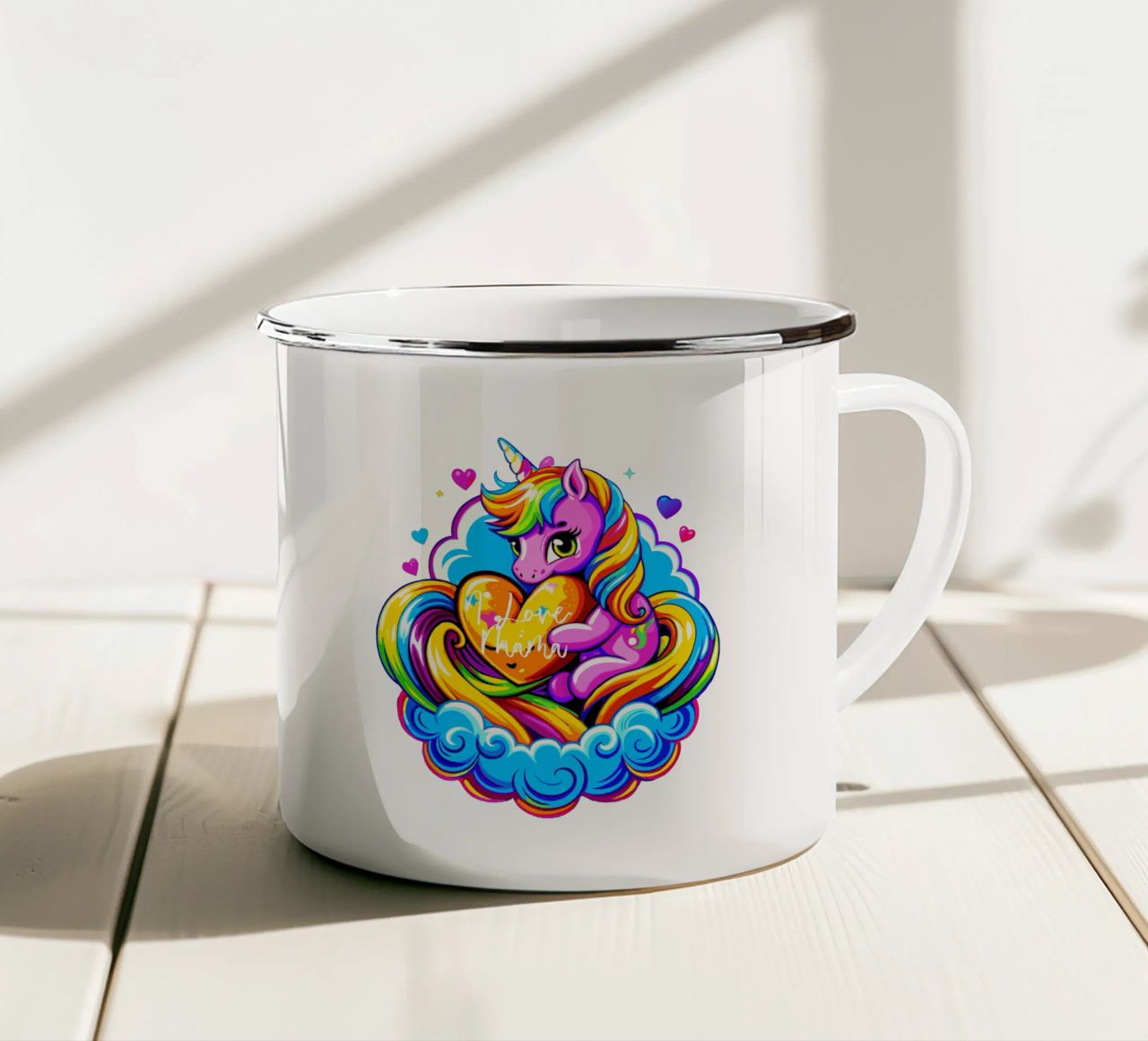 Cute Unicorn Hugging a Heart Pillow on a Cloud - Custom Text Emaille Tasse von Artnesia