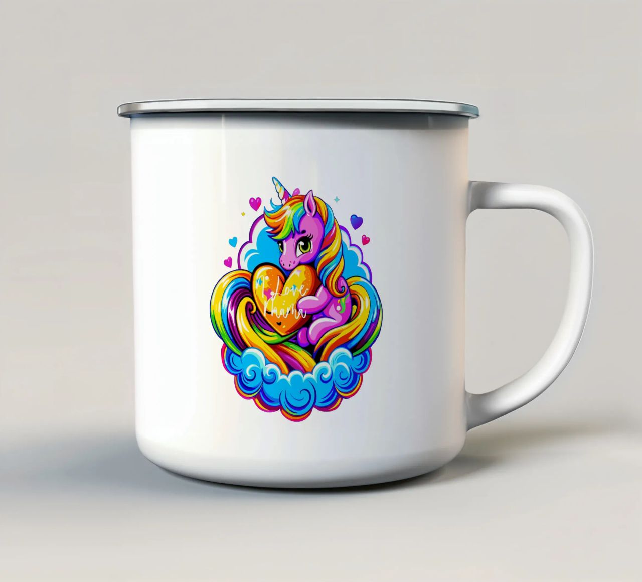 Cute Unicorn Hugging a Heart Pillow on a Cloud - Custom Text Emaille Tasse von Artnesia