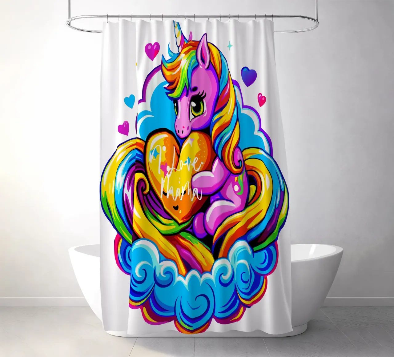 Cute Unicorn Hugging a Heart Pillow on a Cloud - Custom Text Duschvorhang von Artnesia