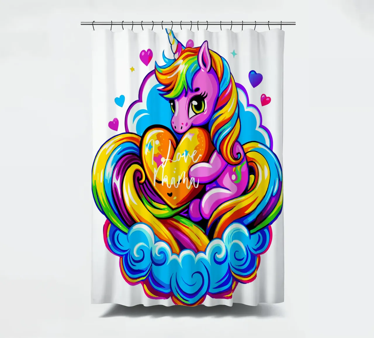 Cute Unicorn Hugging a Heart Pillow on a Cloud - Custom Text Duschvorhang von Artnesia