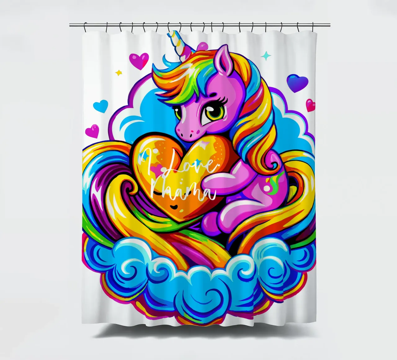 Cute Unicorn Hugging a Heart Pillow on a Cloud - Custom Text Duschvorhang von Artnesia