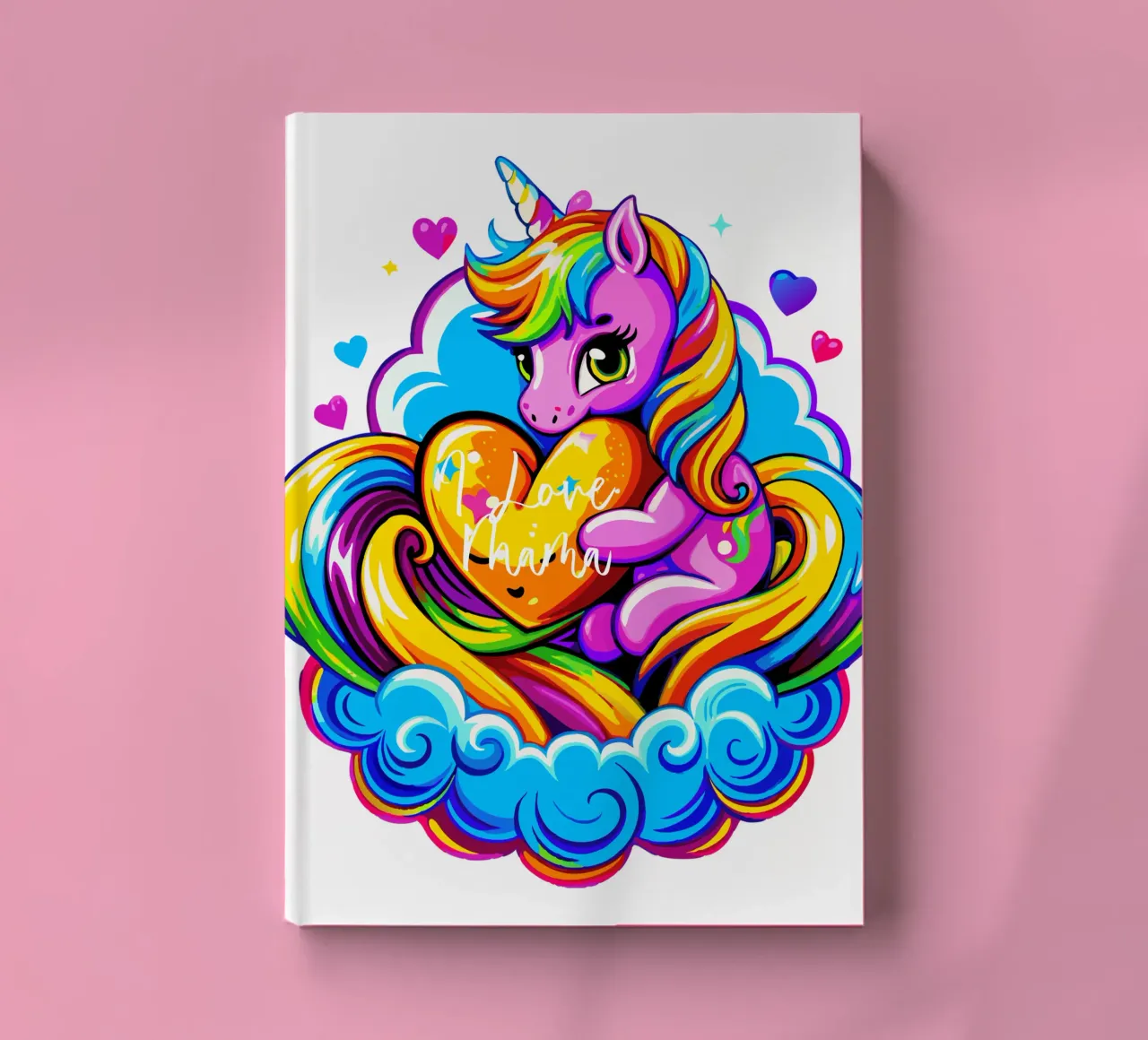 Cute Unicorn Hugging a Heart Pillow on a Cloud - Custom Text notebook by Artnesia