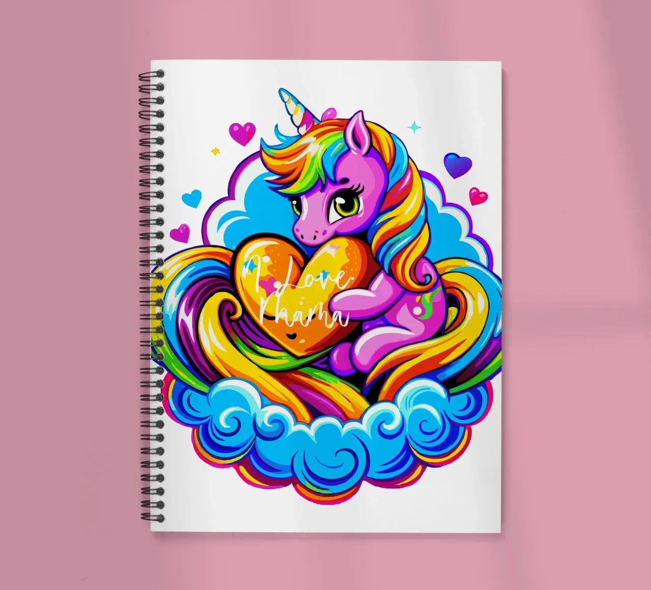 Cute Unicorn Hugging a Heart Pillow on a Cloud - Custom Text diario ad anelli da Artnesia