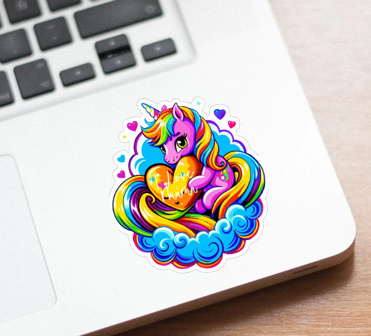 Cute Unicorn Hugging a Heart Pillow on a Cloud - Custom Text adesivo da Artnesia
