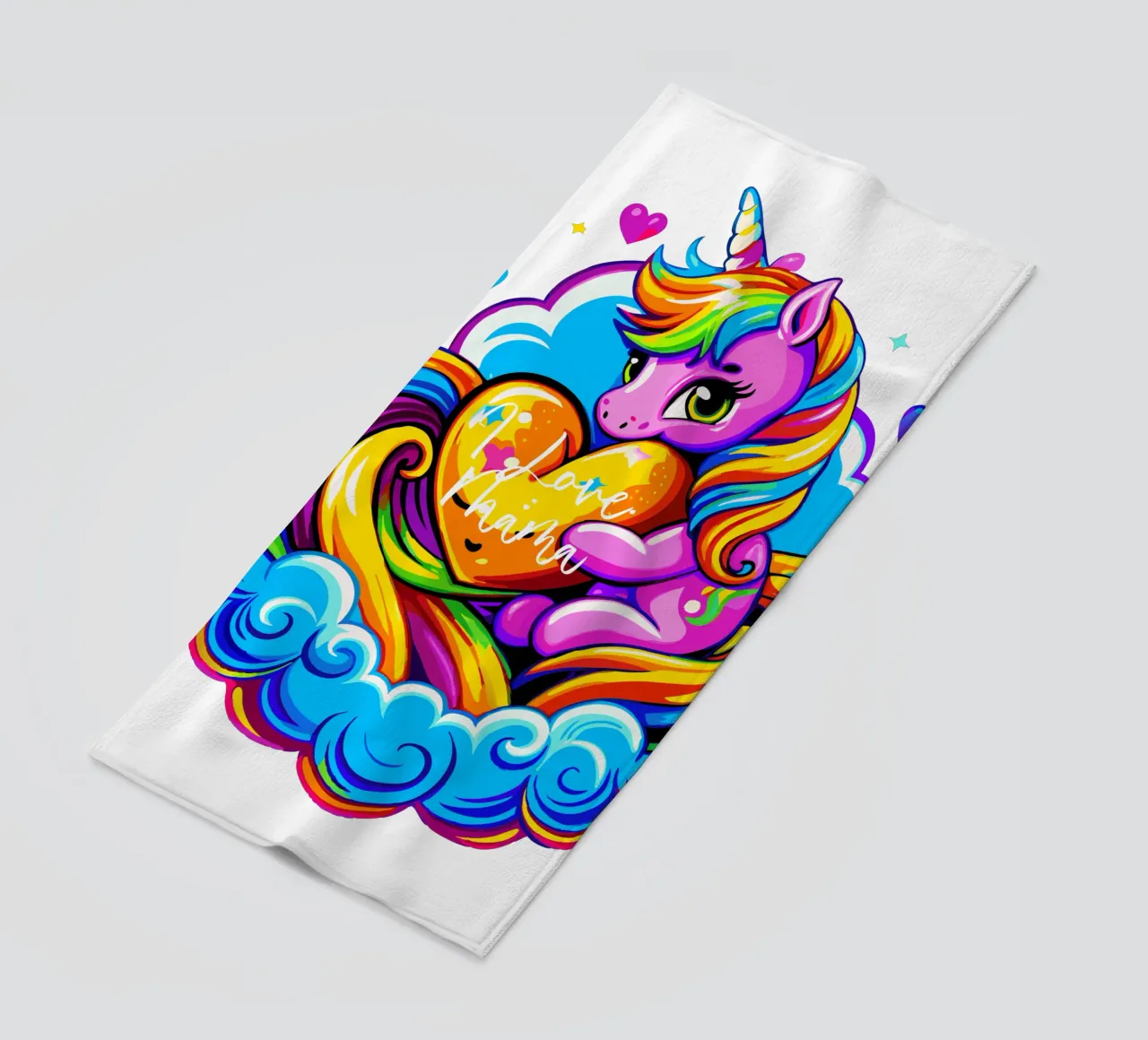 Cute Unicorn Hugging a Heart Pillow on a Cloud - Custom Text telo mare da Artnesia