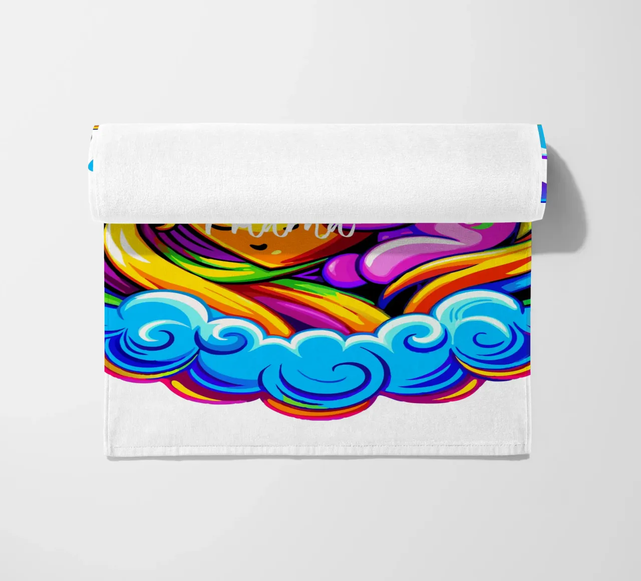 Cute Unicorn Hugging a Heart Pillow on a Cloud - Custom Text beach towel by Artnesia