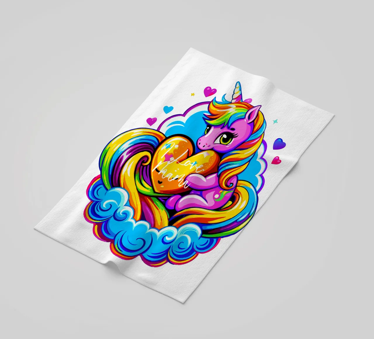 Cute Unicorn Hugging a Heart Pillow on a Cloud - Custom Text beach towel by Artnesia