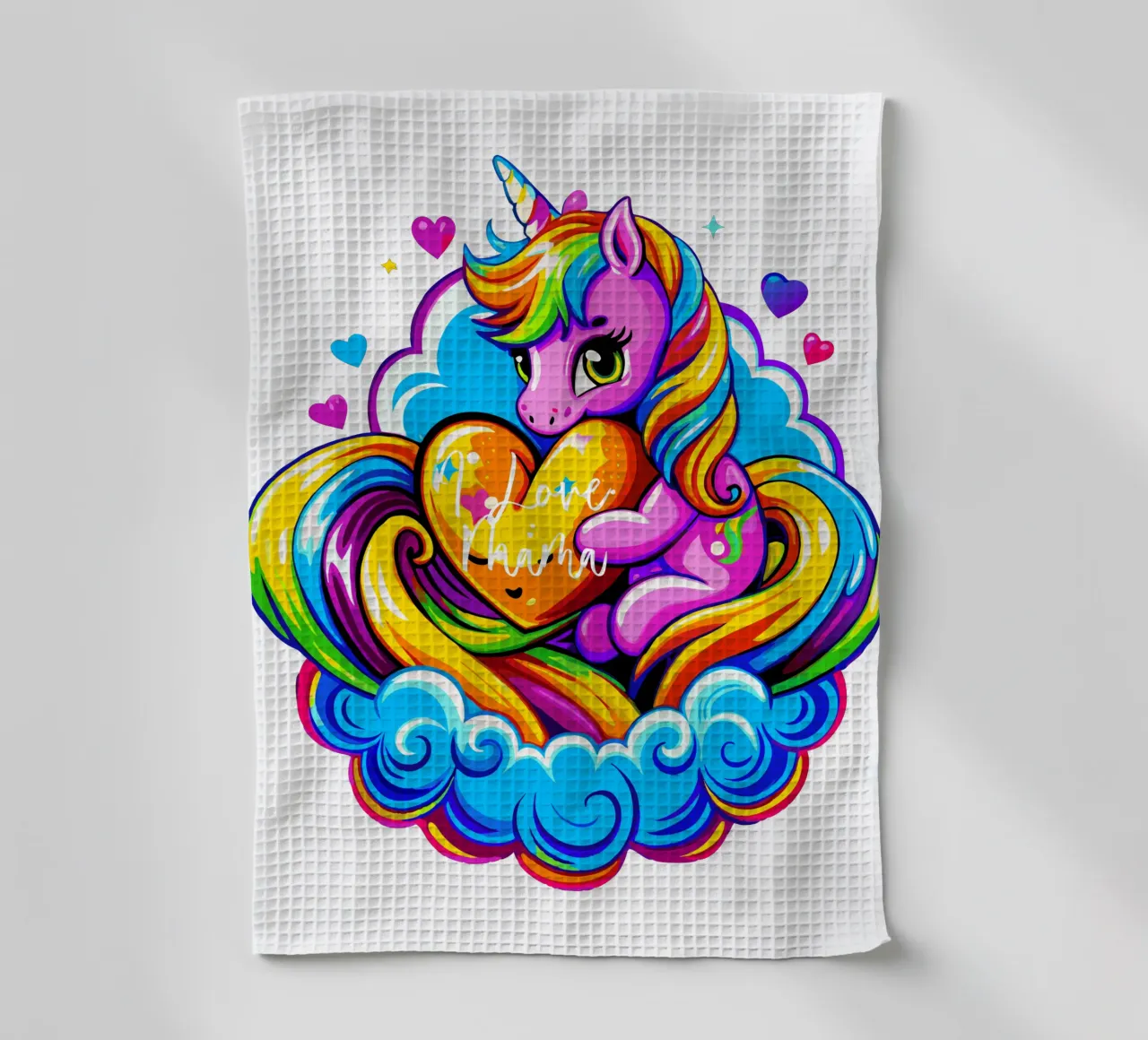 Cute Unicorn Hugging a Heart Pillow on a Cloud - Custom Text canovaccio da cucina da Artnesia