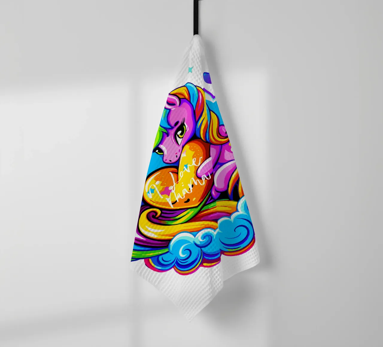 Cute Unicorn Hugging a Heart Pillow on a Cloud - Custom Text torchon de Artnesia