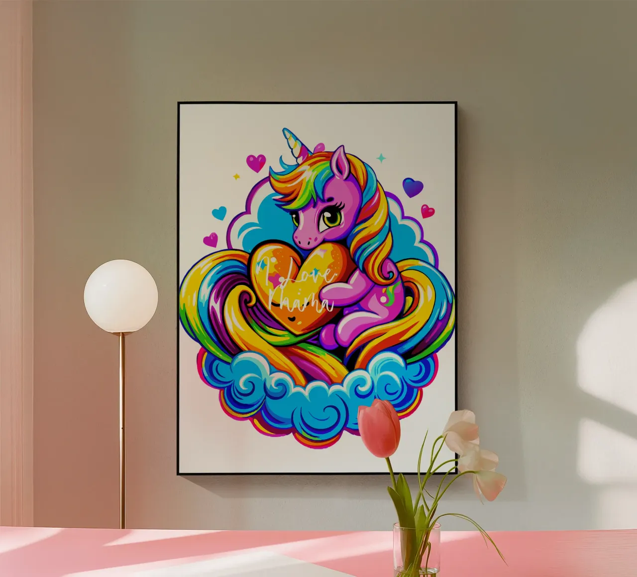 Cute Unicorn Hugging a Heart Pillow on a Cloud - Custom Text plexiglass da Artnesia