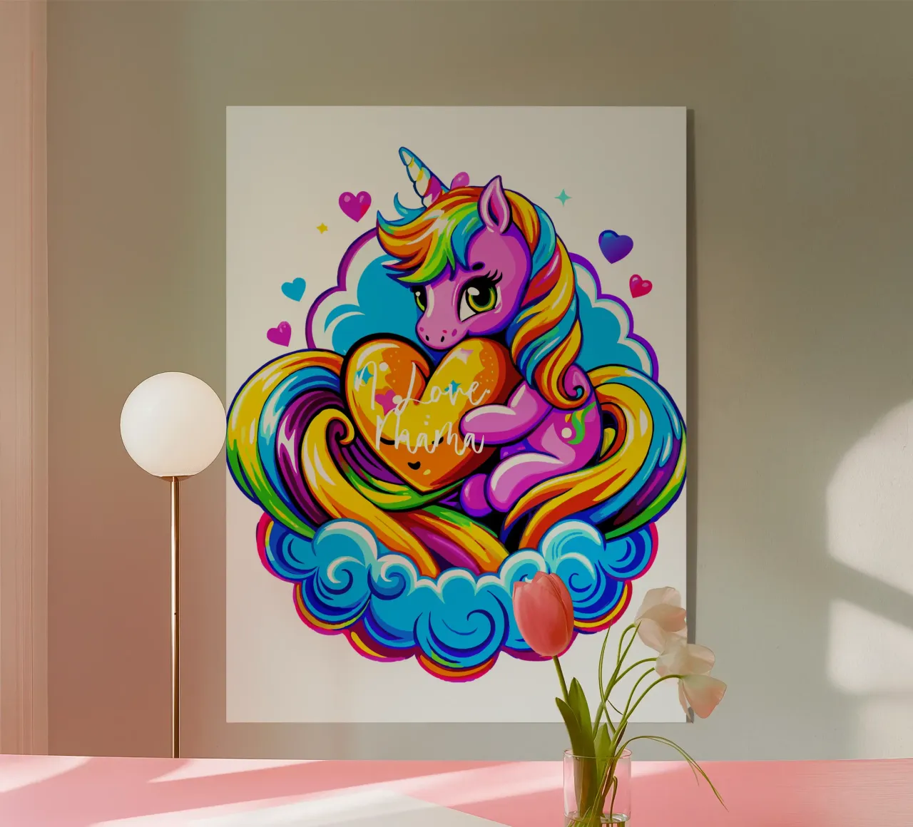 Cute Unicorn Hugging a Heart Pillow on a Cloud - Custom Text plexiglass da Artnesia