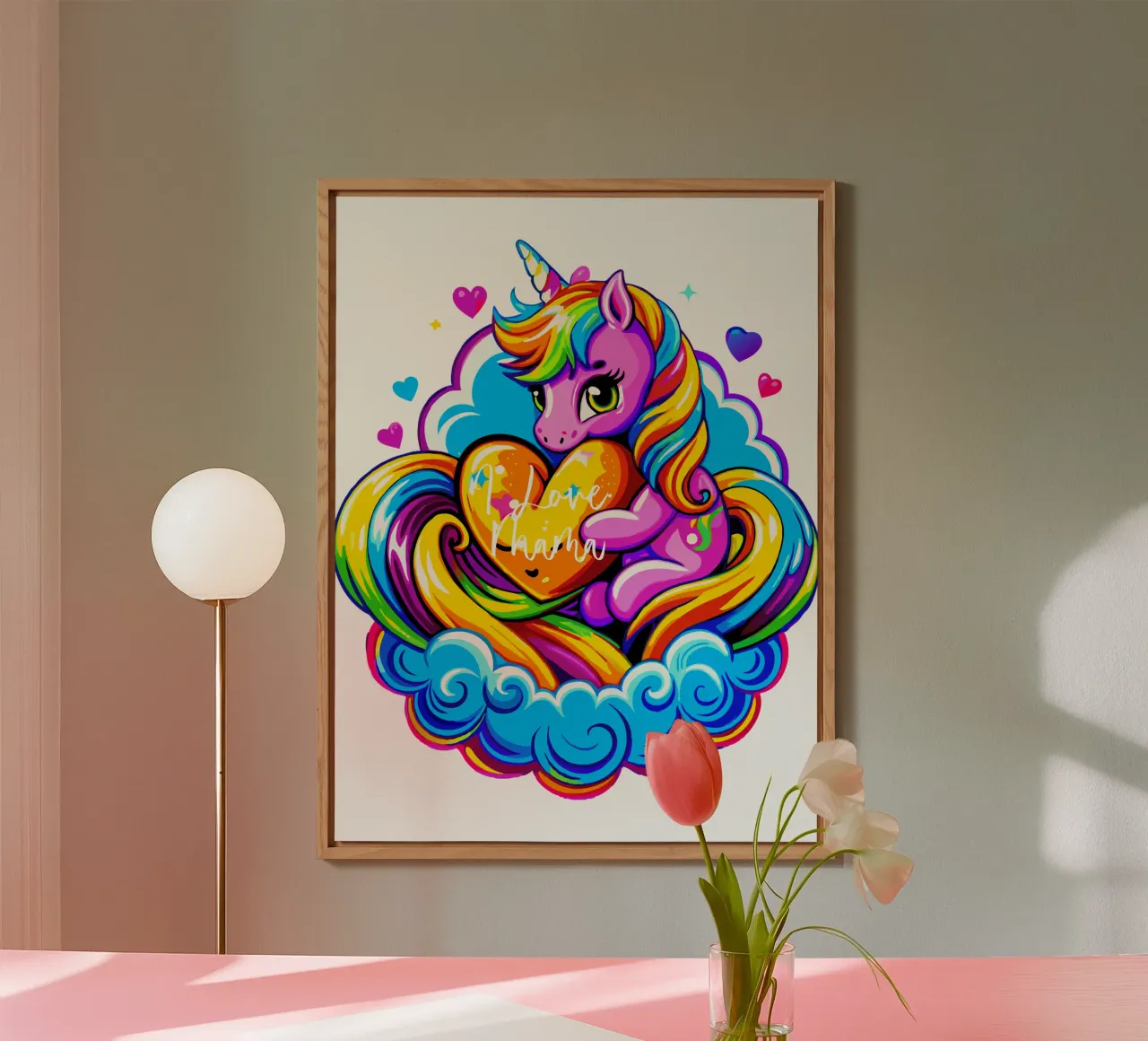 Cute Unicorn Hugging a Heart Pillow on a Cloud - Custom Text pannello forex da Artnesia
