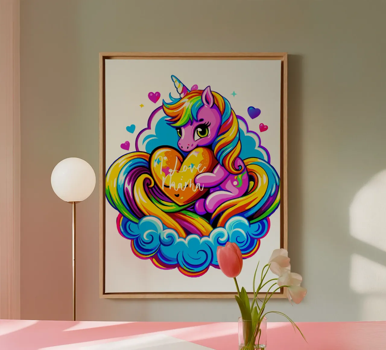 Cute Unicorn Hugging a Heart Pillow on a Cloud - Custom Text tela da Artnesia