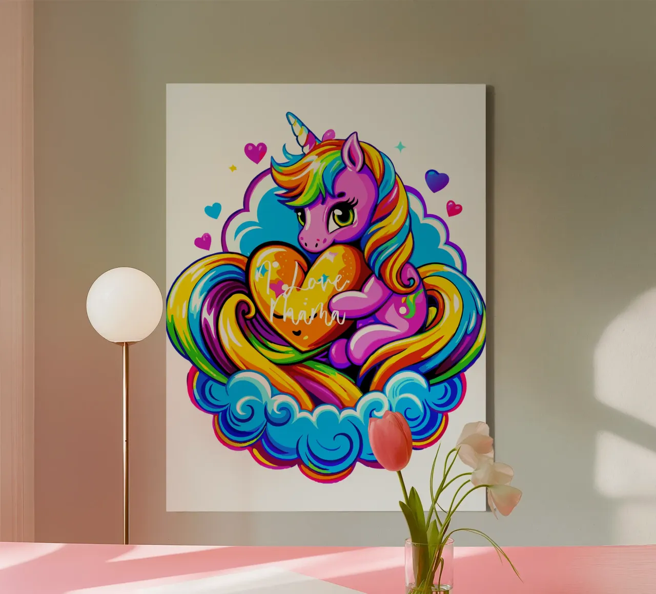 Cute Unicorn Hugging a Heart Pillow on a Cloud - Custom Text tela da Artnesia