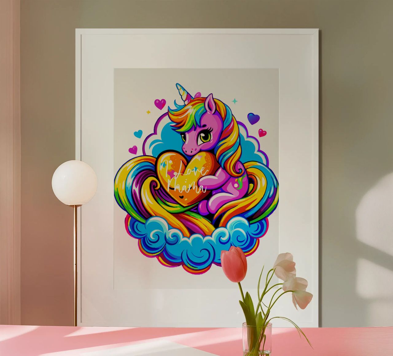 Cute Unicorn Hugging a Heart Pillow on a Cloud - Custom Text Poster von Artnesia