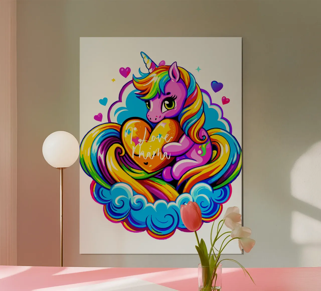 Cute Unicorn Hugging a Heart Pillow on a Cloud - Custom Text poster da Artnesia
