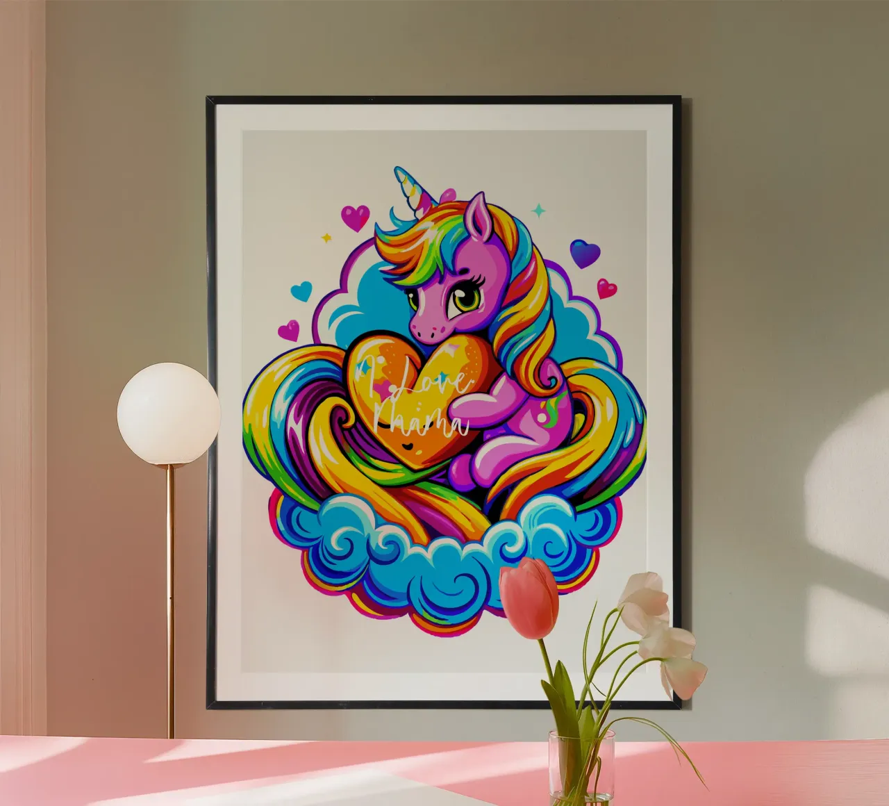 Cute Unicorn Hugging a Heart Pillow on a Cloud - Custom Text poster da Artnesia