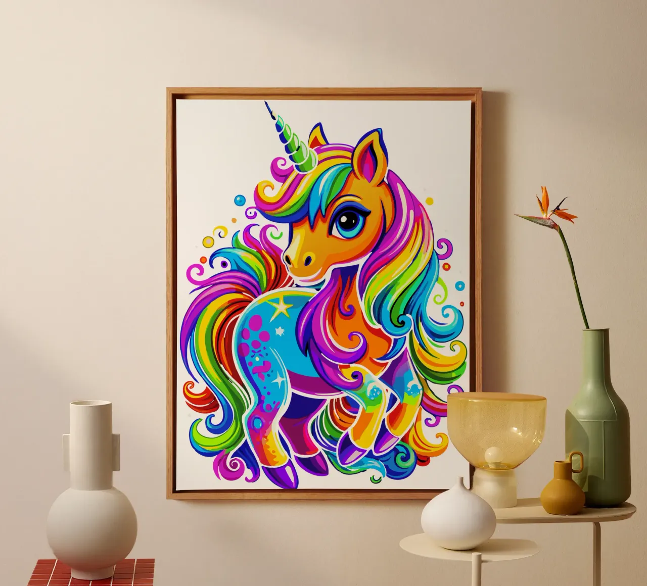 Deslumbrante delicia de un lindo unicornio arco iris lienzo con Marco flotante de Artnesia