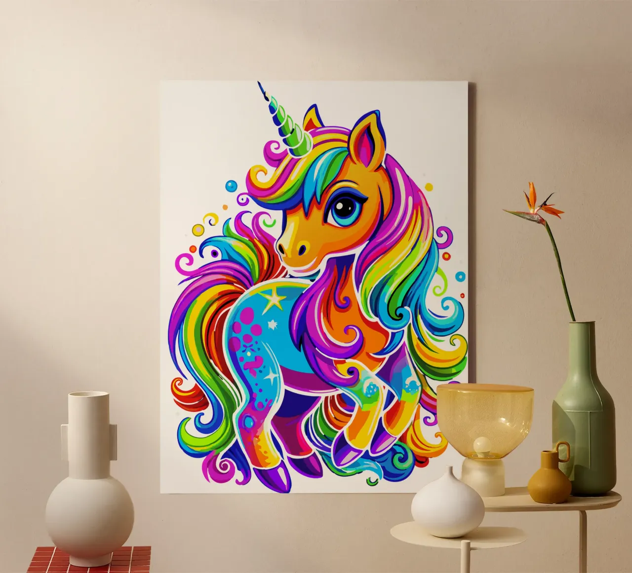 Deslumbrante delicia de un lindo unicornio arco iris lienzo con Marco flotante de Artnesia