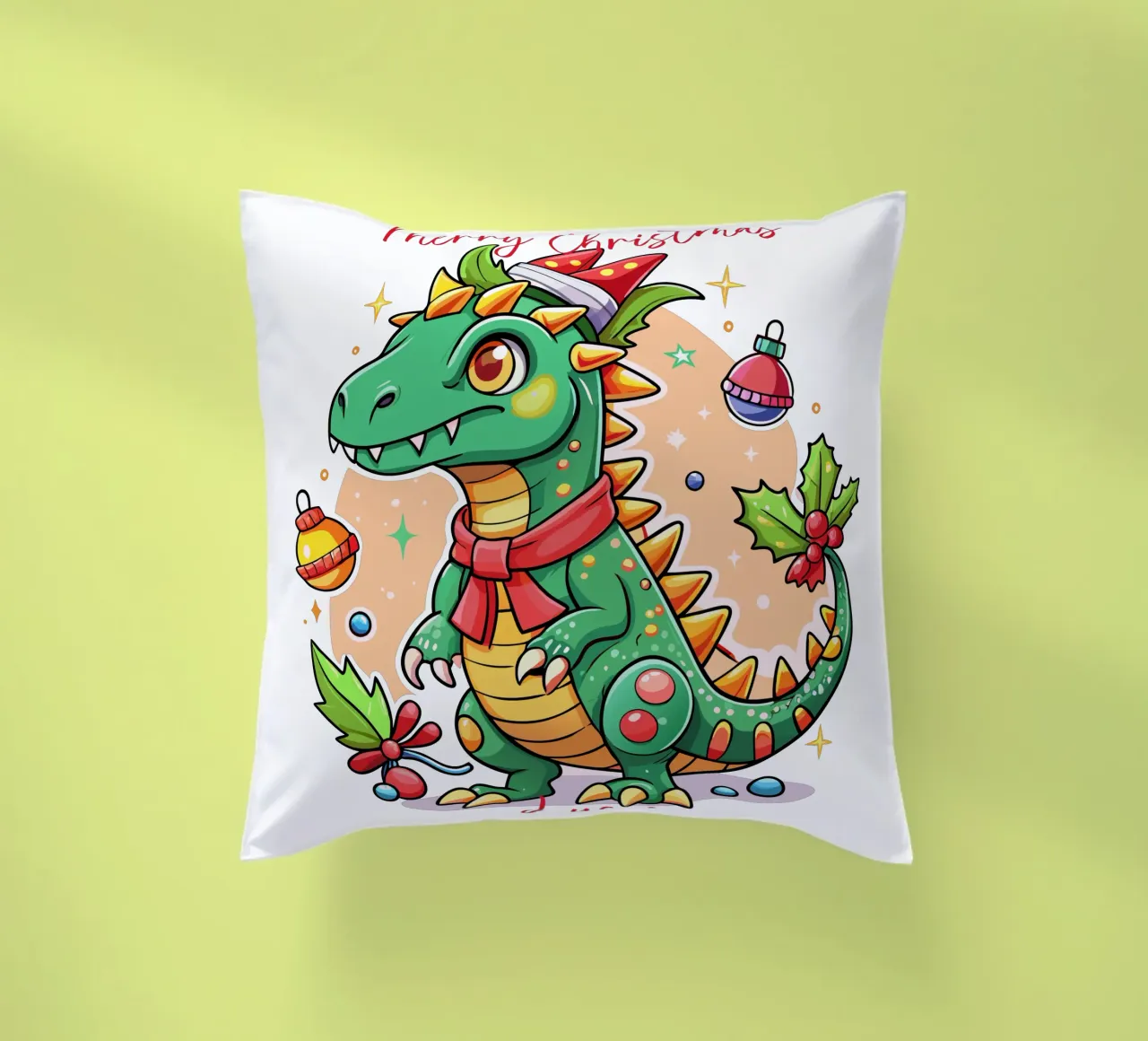 Festive Christmas Cute Dinosaur - Custom Text cuscino da Artnesia