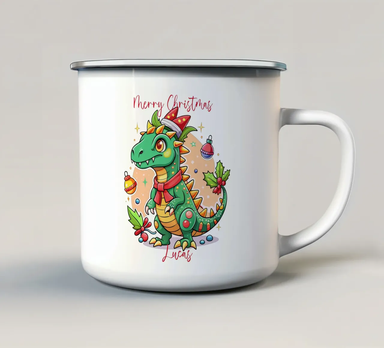 Festive Christmas Cute Dinosaur - Custom Text tazza in smalto da Artnesia