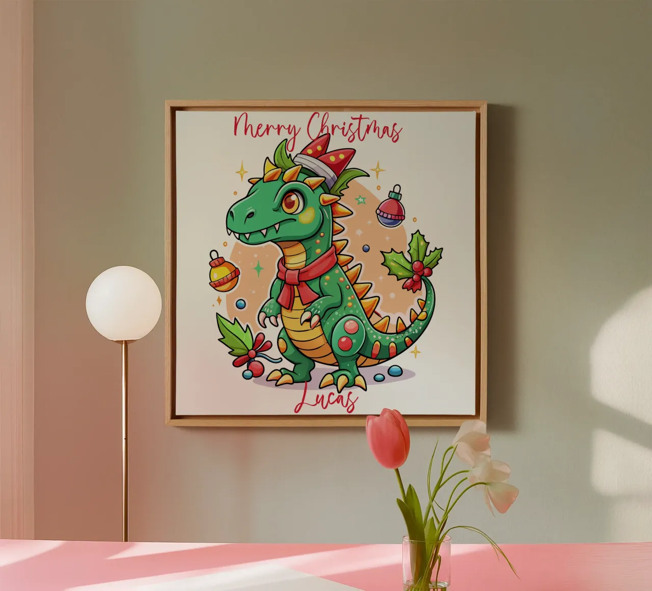 Festive Christmas Cute Dinosaur - Custom Text tela con Cornice a cassetta da Artnesia