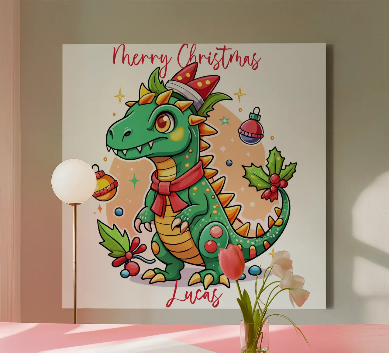 Festive Christmas Cute Dinosaur - Custom Text tela con Cornice a cassetta da Artnesia