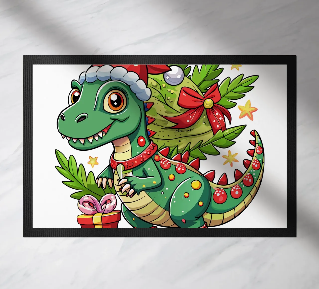 Regalo di Natale per bambini con dinosauro - Testo personalizzato zerbino da Artnesia