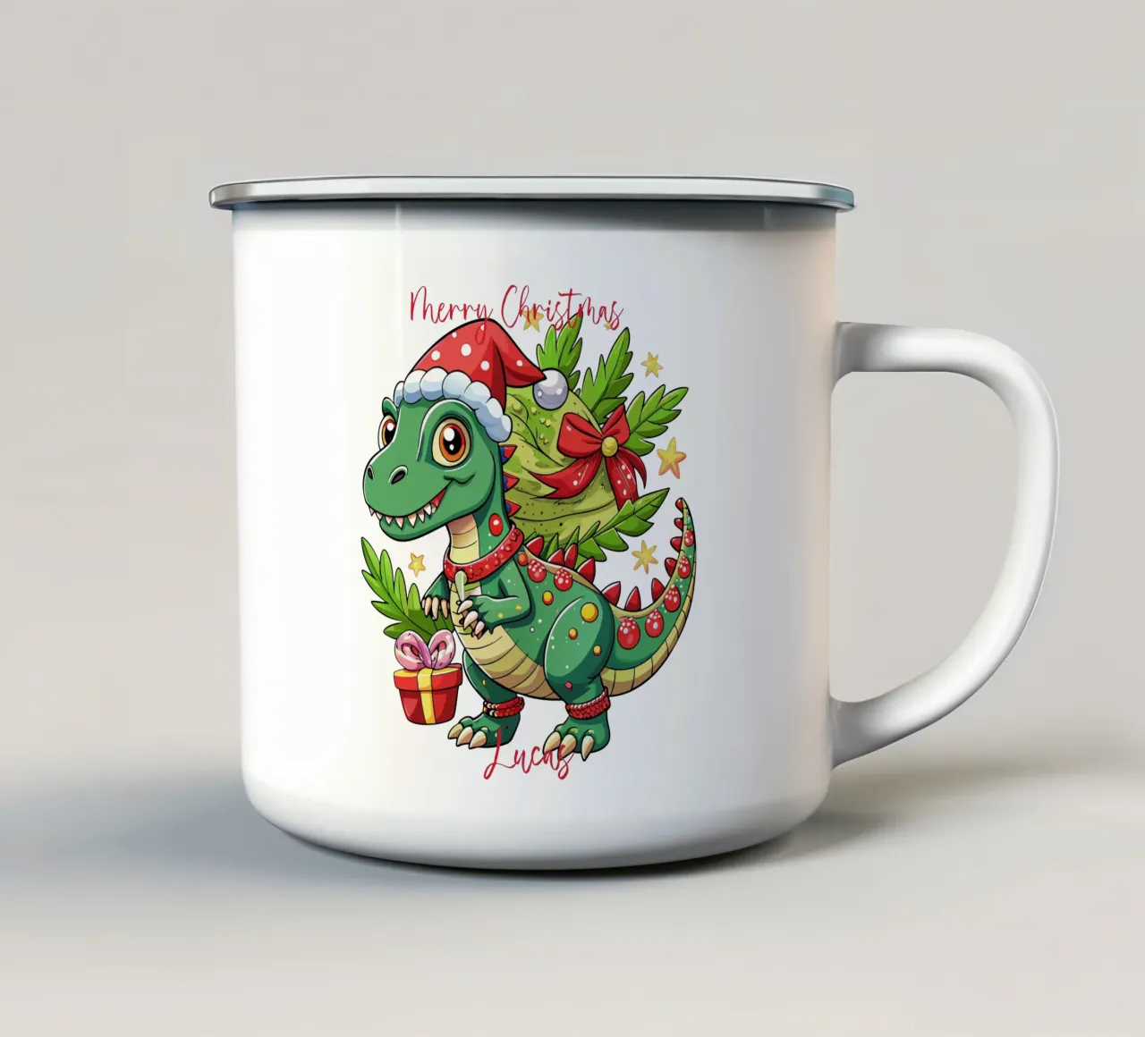 Regalo di Natale per bambini con dinosauro - Testo personalizzato tazza in smalto da Artnesia