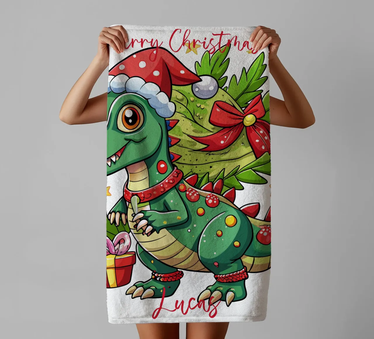 Regalo di Natale per bambini con dinosauro - Testo personalizzato asciugamano da bagno da Artnesia