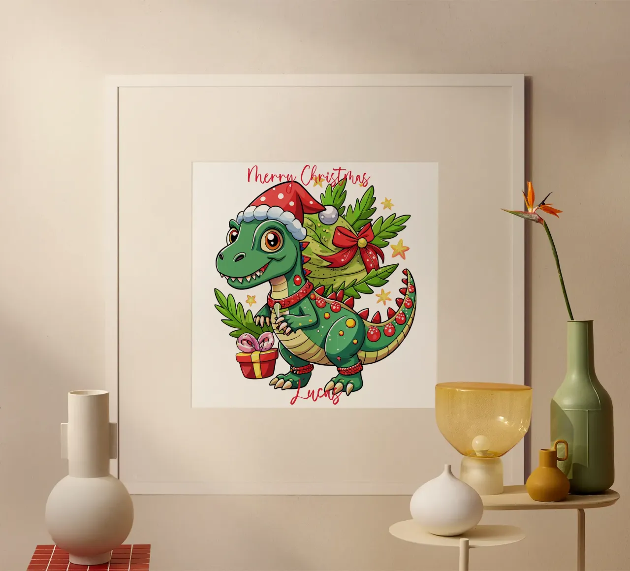 Festliche Weihnachten niedlichen Dinosaurier Geschenk Kinder - Custom Text Poster mit Holzrahmen von Artnesia