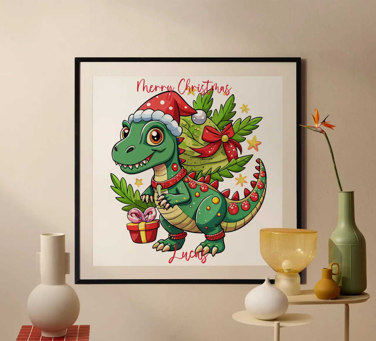 Festliche Weihnachten niedlichen Dinosaurier Geschenk Kinder - Custom Text Poster mit Holzrahmen von Artnesia