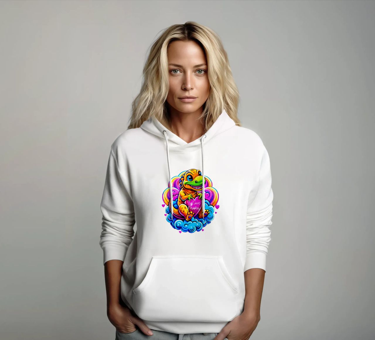 Cute Dino Hugging a Heart Pillow on a Cloud - Custom Text sudadera con capucha de Artnesia