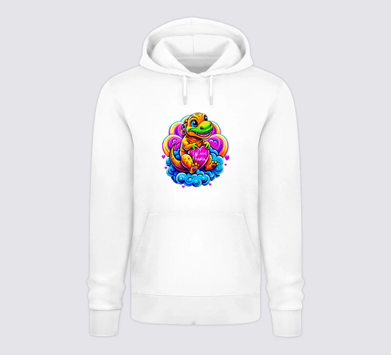 Cute Dino Hugging a Heart Pillow on a Cloud - Custom Text sudadera con capucha de Artnesia