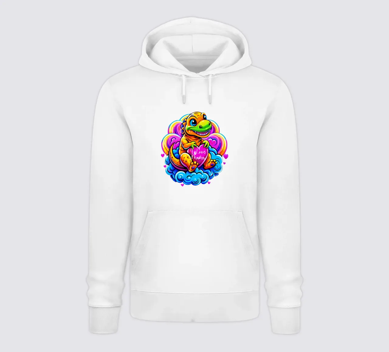 Cute Dino Hugging a Heart Pillow on a Cloud - Custom Text felpa con cappuccio da Artnesia