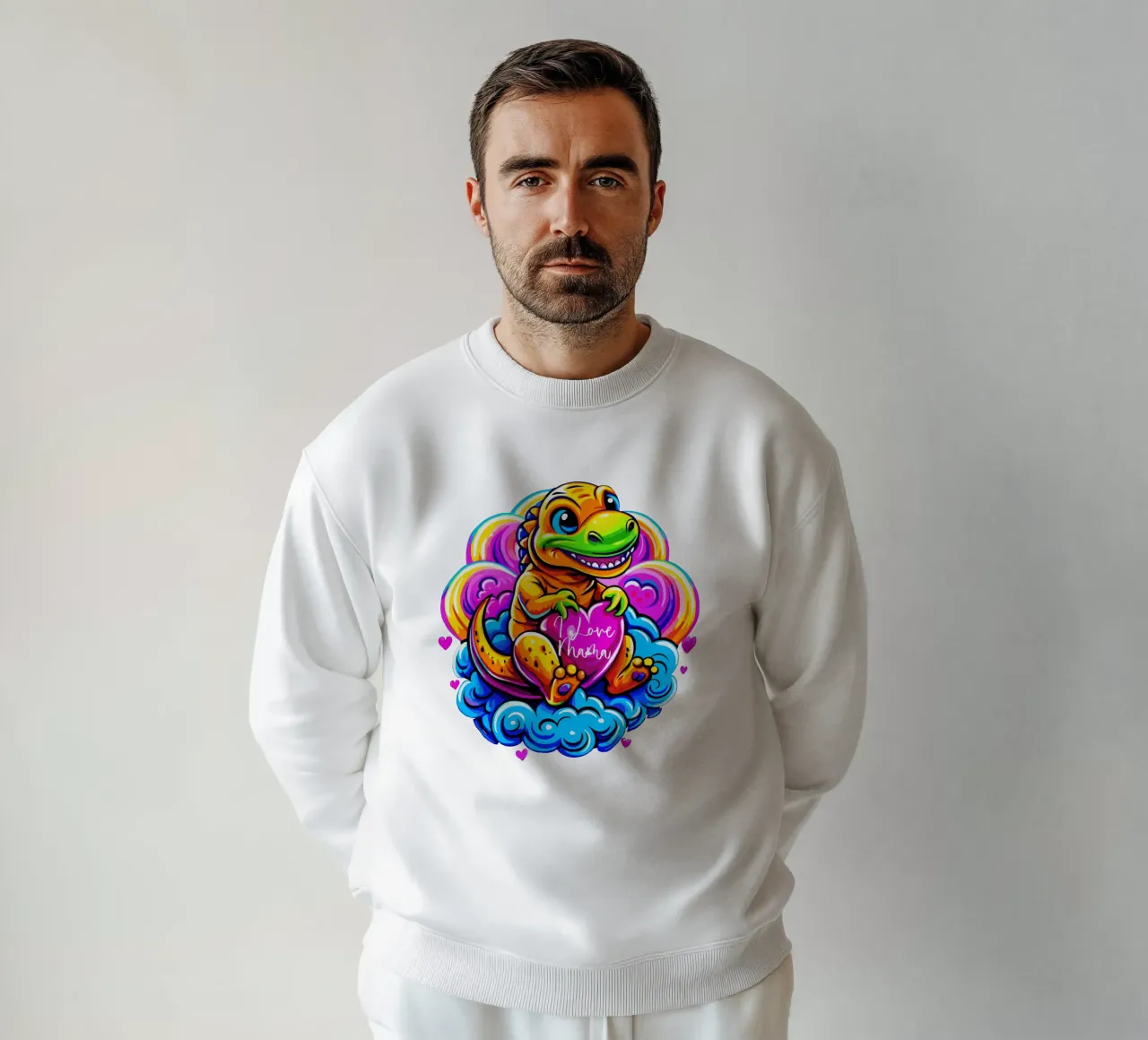 Cute Dino Hugging a Heart Pillow on a Cloud - Custom Text sweat de Artnesia