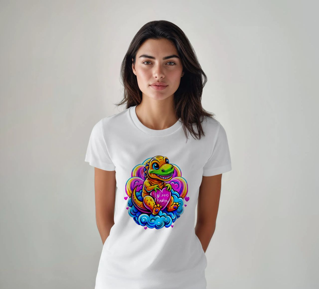 Cute Dino Hugging a Heart Pillow on a Cloud - Custom Text camiseta de Artnesia