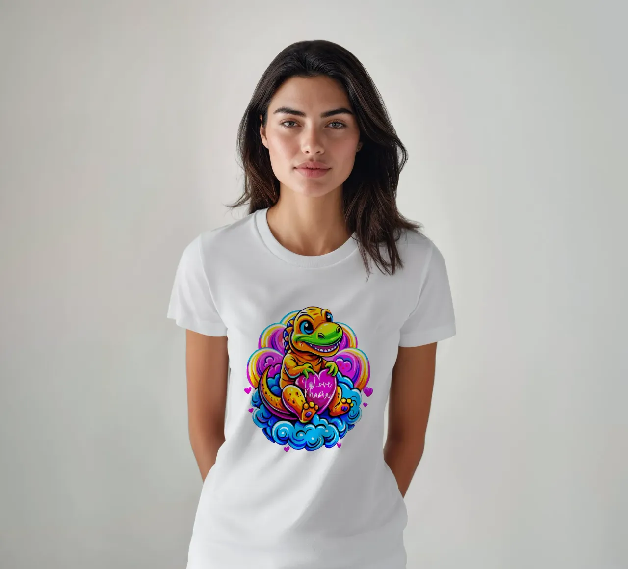 Cute Dino Hugging a Heart Pillow on a Cloud - Custom Text t-shirt da Artnesia