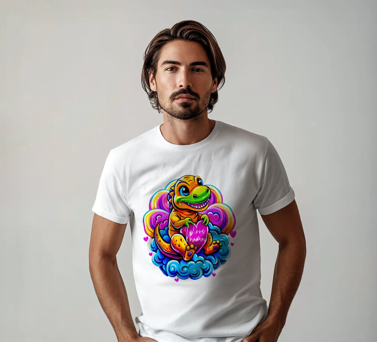 Cute Dino Hugging a Heart Pillow on a Cloud - Custom Text camiseta de Artnesia