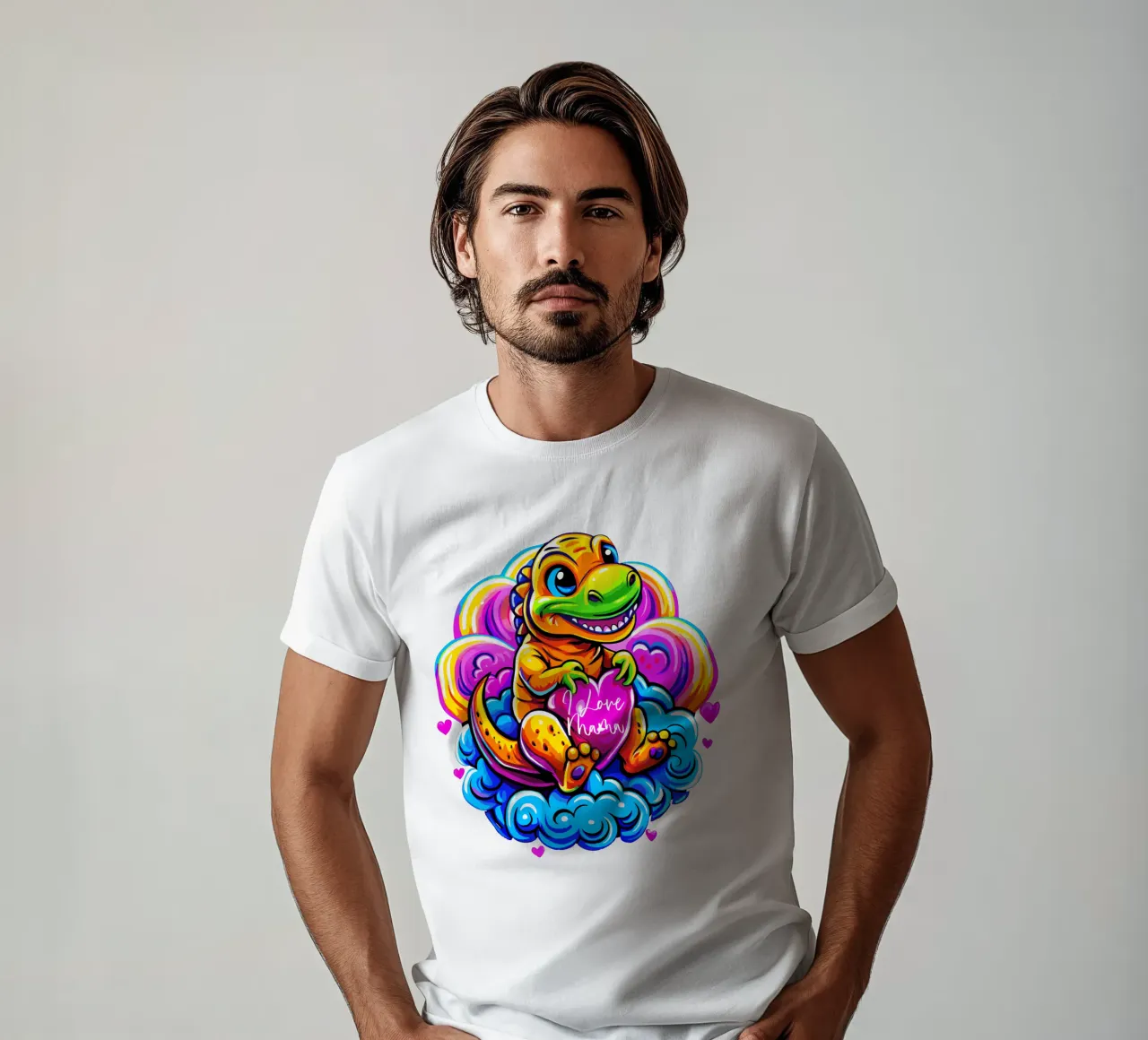 Cute Dino Hugging a Heart Pillow on a Cloud - Custom Text t-shirt da Artnesia