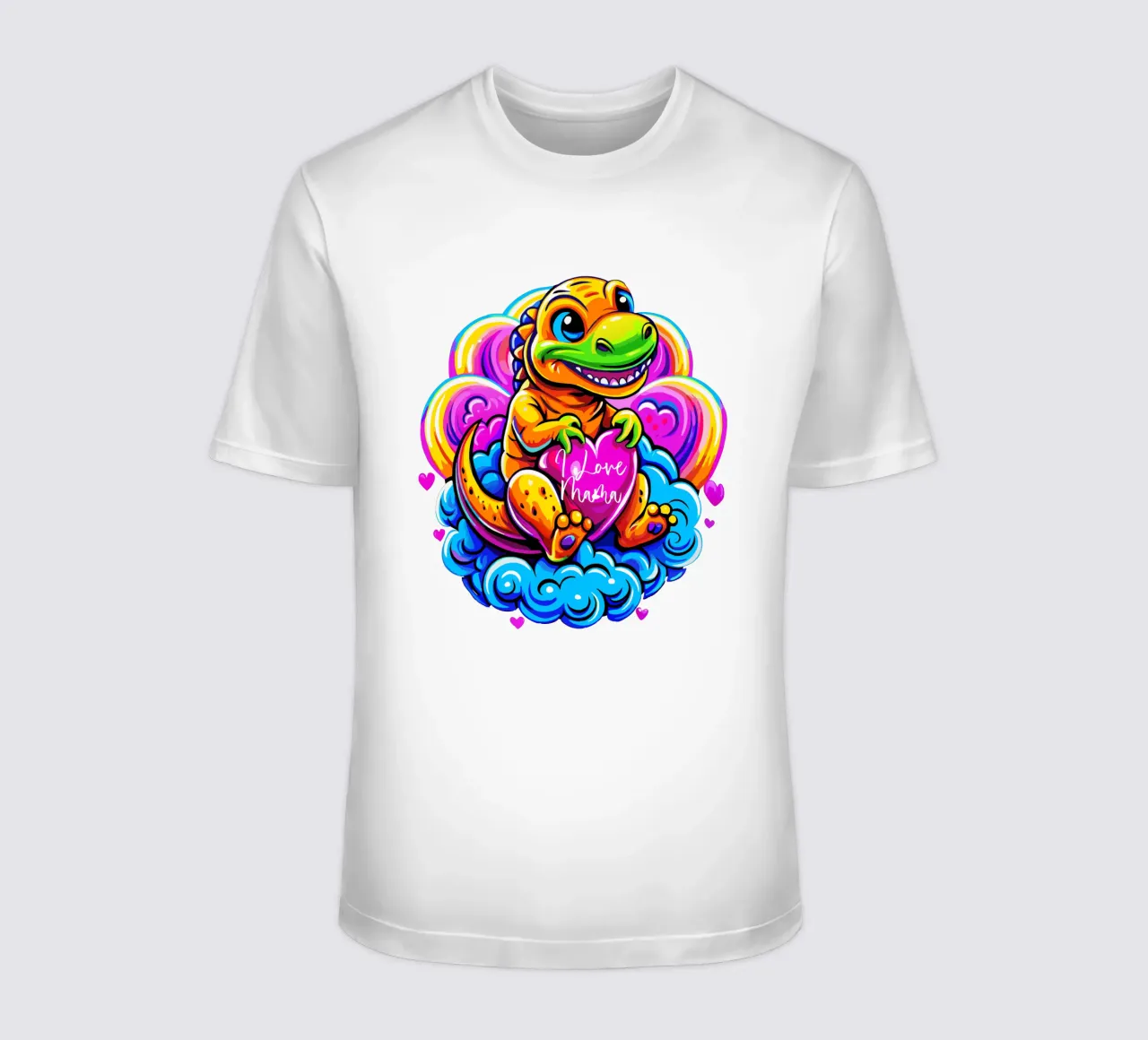 Cute Dino Hugging a Heart Pillow on a Cloud - Custom Text t-shirt da Artnesia