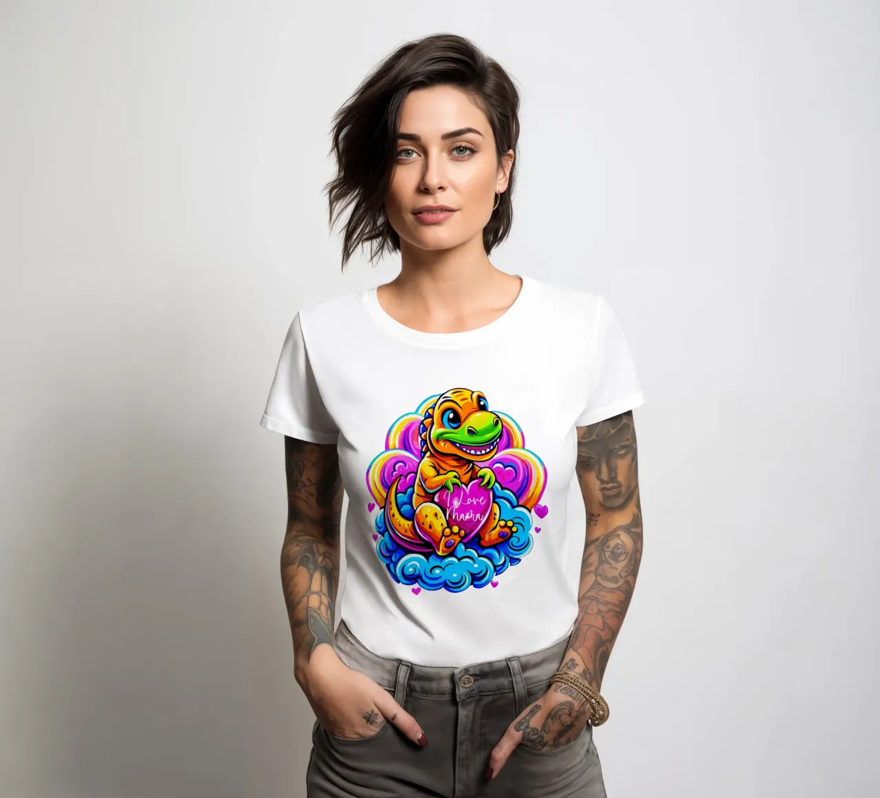 Cute Dino Hugging a Heart Pillow on a Cloud - Custom Text dames t-shirt getailleerd van Artnesia
