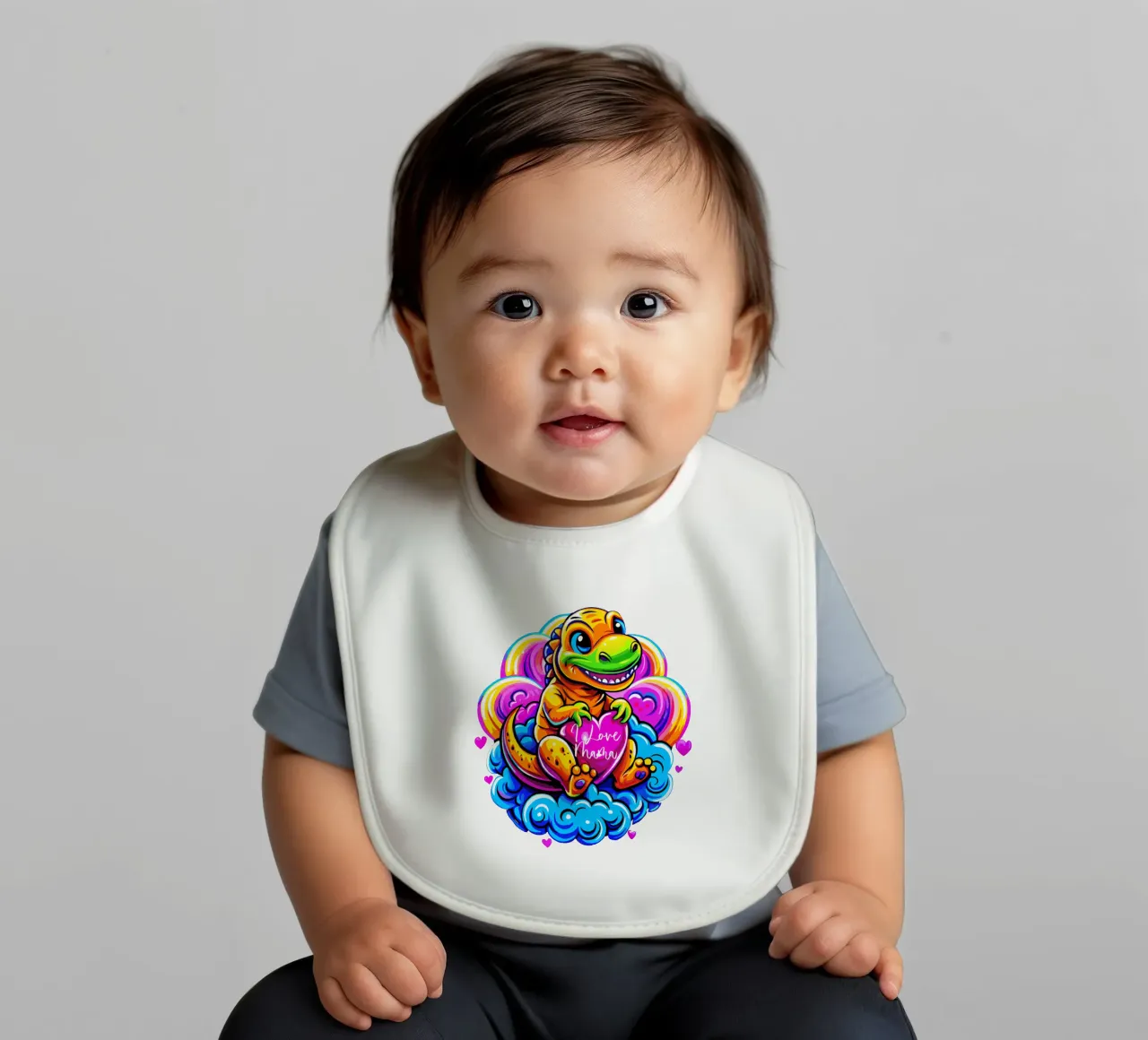 Cute Dino Hugging a Heart Pillow on a Cloud - Custom Text bavaglino da Artnesia