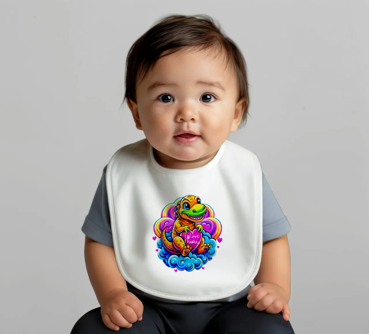 Cute Dino Hugging a Heart Pillow on a Cloud - Custom Text bavoir de Artnesia