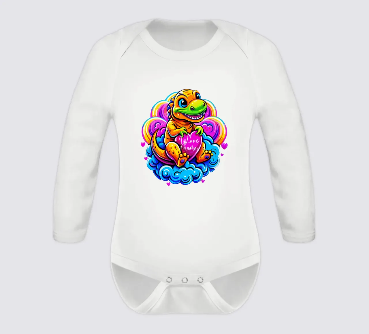 Cute Dino Hugging a Heart Pillow on a Cloud - Custom Text body neonato maniche lunghe da Artnesia
