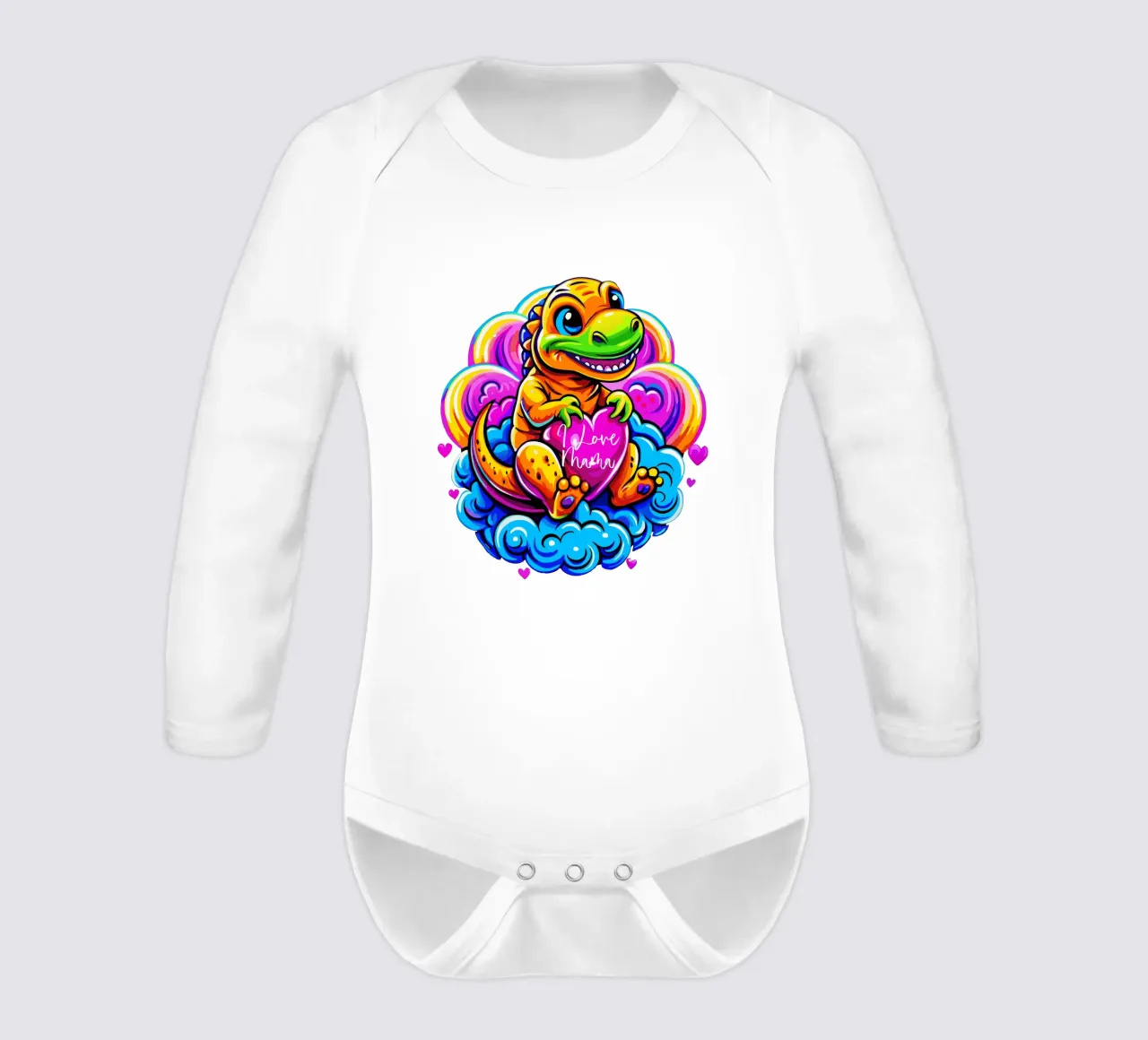 Cute Dino Hugging a Heart Pillow on a Cloud - Custom Text Langarm Babybody von Artnesia
