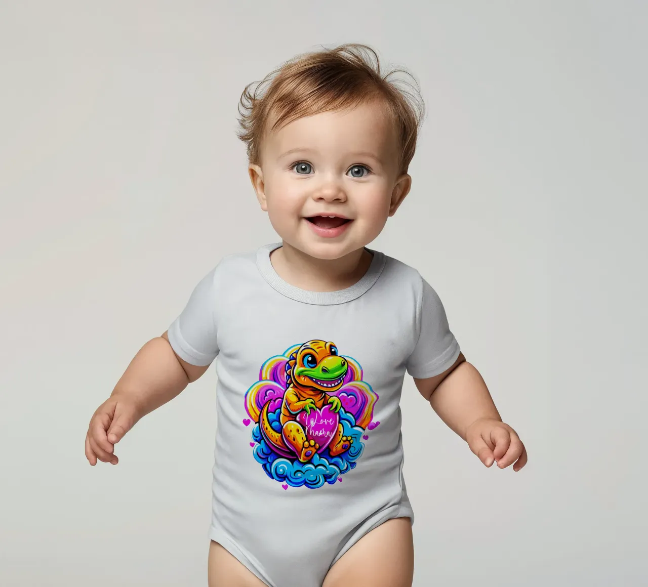 Cute Dino Hugging a Heart Pillow on a Cloud - Custom Text body neonato maniche corte da Artnesia
